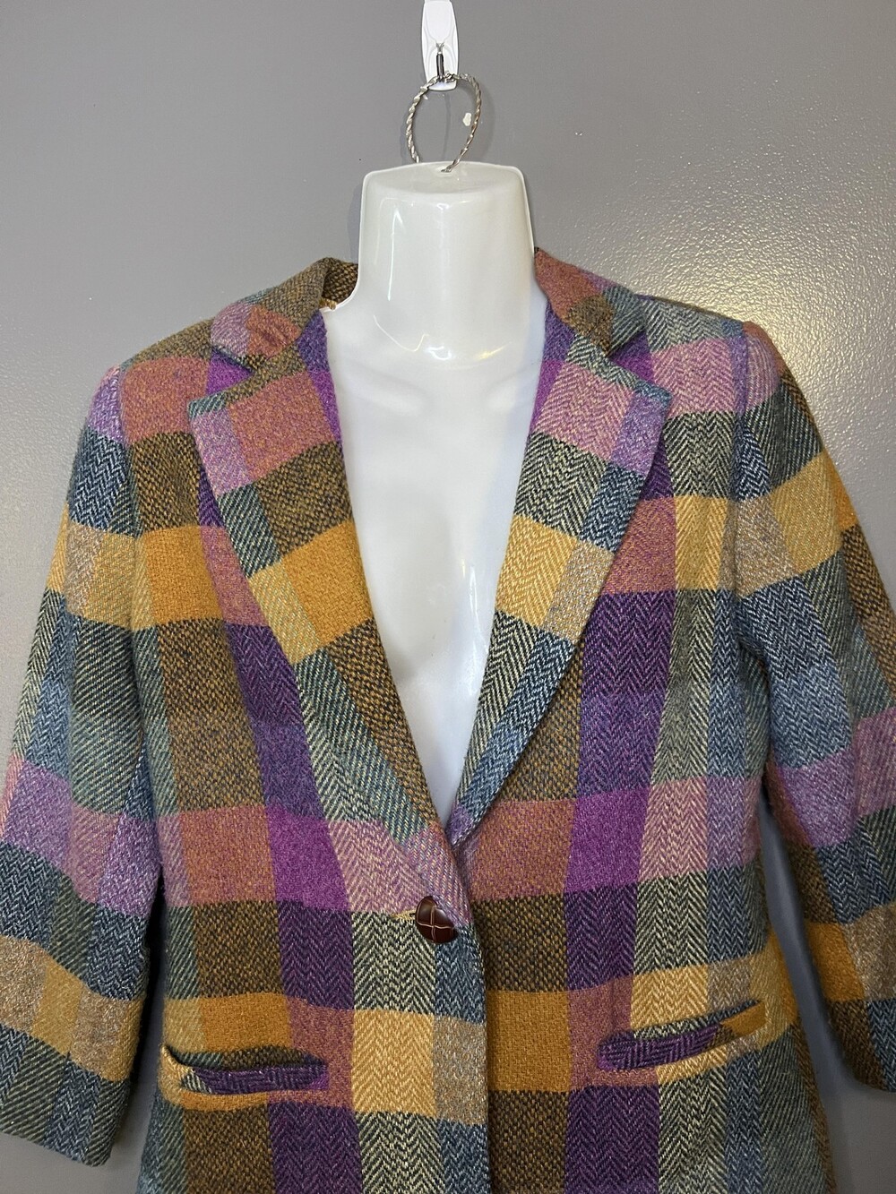 CAbi Blazer Womens 2 Multicolor Plaid Wool Blend 3/4 Sleeve Lined Jacket